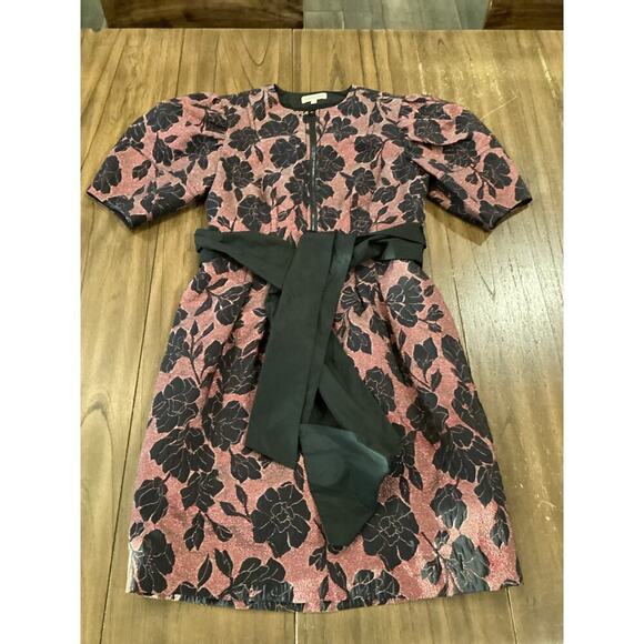 Rebecca Taylor puff sleeve brocade jacquard floral bow belt cocktail mini dress - Picture 12 of 13